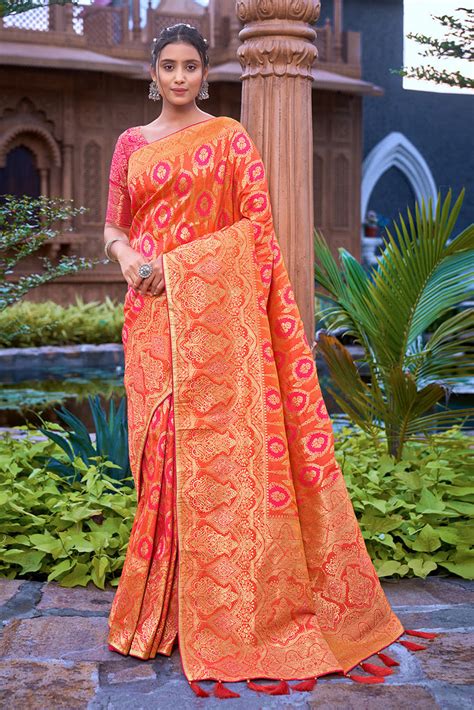 Orange Banarasi Silk Saree With Zari Weaving Work - Clothsvi