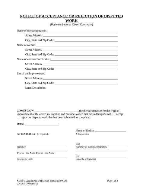 Notice of Acceptance or Rejection of Disputed Work - Fill Out, Sign ...