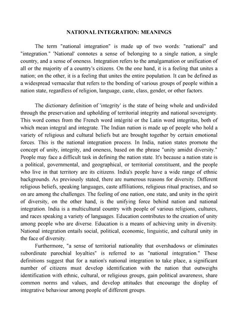National Integration Meanings - NATIONAL INTEGRATION: MEANINGS The term ...