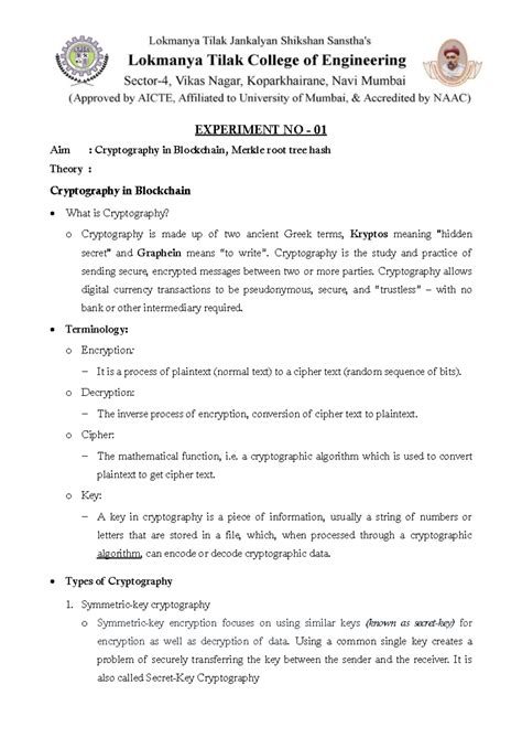BC-Lab-Manual: Experiment 01 - Cryptography in Blockchain - Studocu