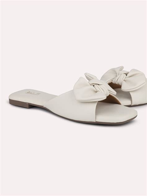Buy Now Women Cream Open Toe Flats With Bows