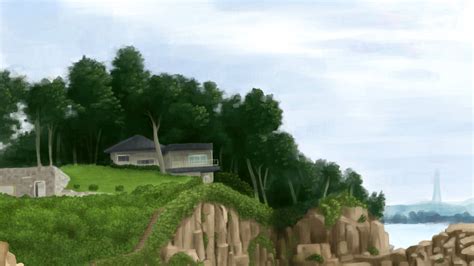 Download wallpaper 1920x1080 house, rocks, cliff, trees, path, art full ...
