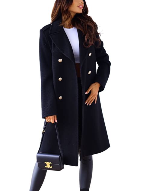 Frontwalk Women Overcoats Double Breasted Wool Pea Coat Long Sleeve ...