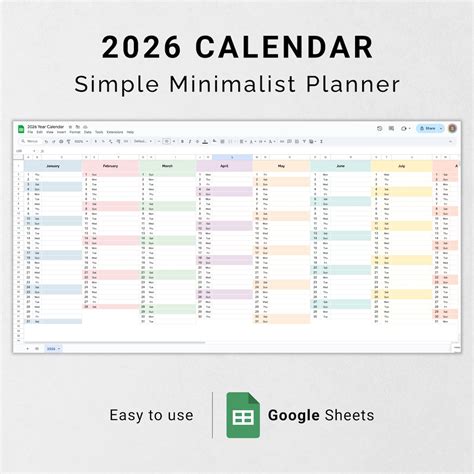 2026 Calendar Google Sheets Template Editable Monthly Digital Planner ...