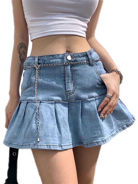 Women's Ruffle Denim Mini Skirt Aesthetic Low Waist Jeans Skirt Pleated ...