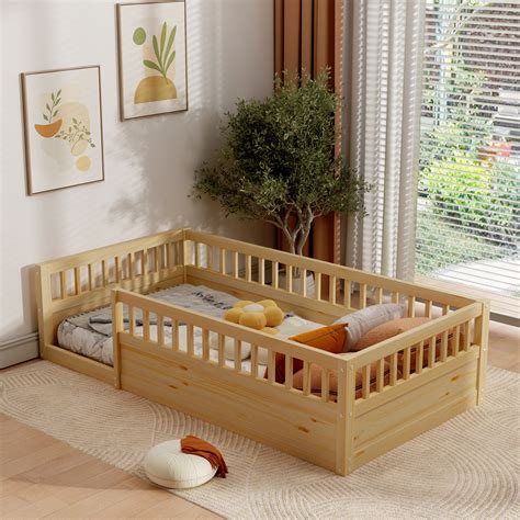 Harper Orchard Floor Bed Frame With Fence, Wood Kids Floor Beds Frame ...