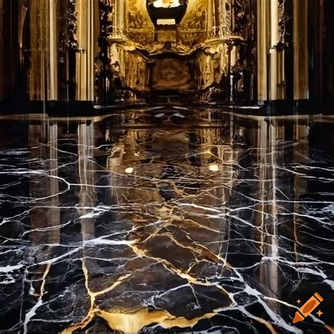A stunning black marble flooring with intricate golden veins in a lobby ...