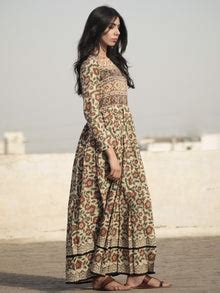 Naaz Beige Green Brown Black Hand Block Printed Long Cotton Dress with ...