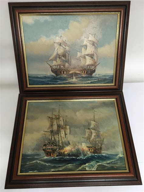 Two framed oil on canvas seascape paintings by J Harvey, approx 49.5cm x 39cm.