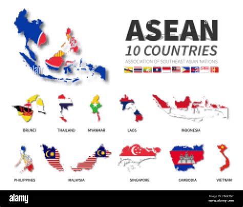 ASEAN . Association of Southeast Asian Nations . Set of flat design country map and national ...