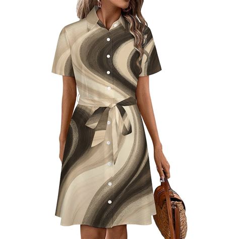 Abstract Brown Wave Pattern Womens Shirt Dresses Women'S Short Sleeve ...