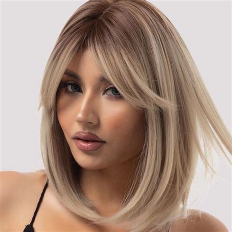 "Creamily Synthetic Straight Bob Wigs for Women, 12"" Blonde with Bangs ...