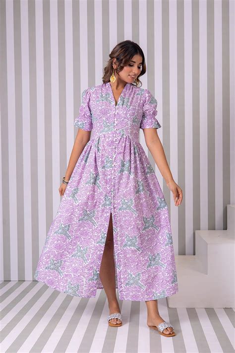 Dreamy Lavender Hand Block Printed V-Neck Front-Open Long Dress – Gulab ...