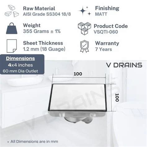 Channel Drain - V DRAINS SS304 4 x 4 Inches Tile / Marble Insert Floor ...