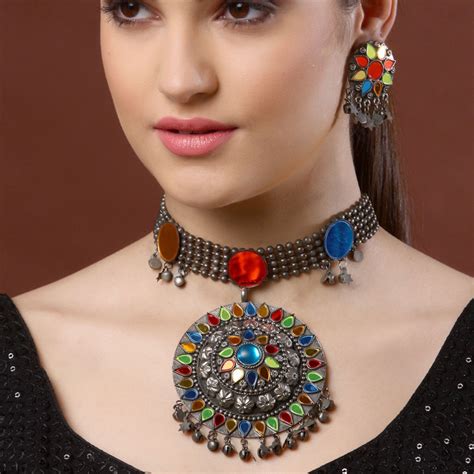Buy Moedbuille Mirrors & Ghungroo Studded Afghan Design Oxidised Silver ...