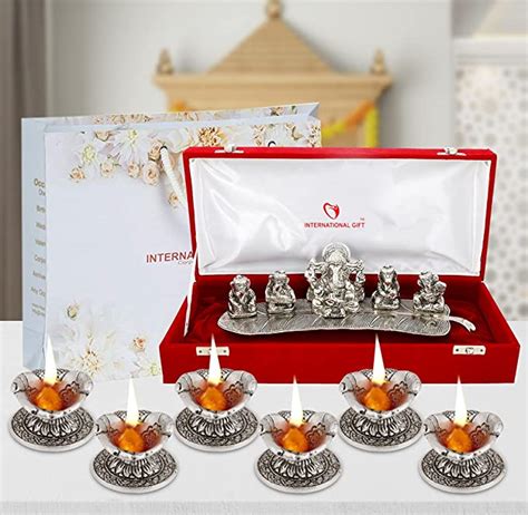 INTERNATIONAL GIFT Musical Ganesh with Red Velvet Box (Silver Ganesh ...