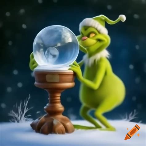 Grinch holding a transparent snow globe during Christmas on Craiyon