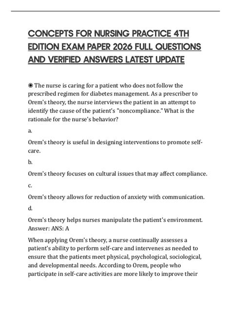 CONCEPTS FOR NURSING PRACTICE 4TH EDITION EXAM PAPER 2026 FULL ...