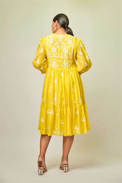 Canary yellow tiered embroidered tunic dress – Aditi Somani