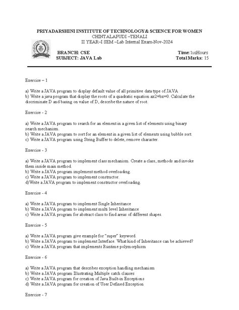 Java lab internal question paper - PRIYADARSHINI INSTITUTE OF ...