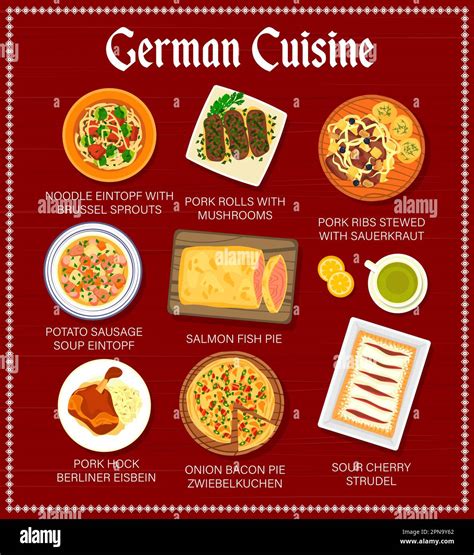 German cuisine menu page template. Noodles with brussel sprouts, pie ...