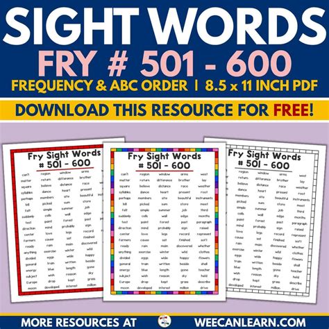 Fry Sight Word List #501-600 (Alphabetical, Frequency) [FREE Download!]