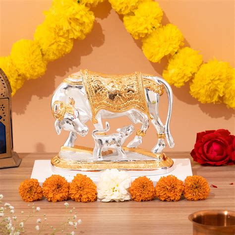 Vastu Kamdhenu Cow with Calf Idol Gold and Silver Plated Statue – Veda ...