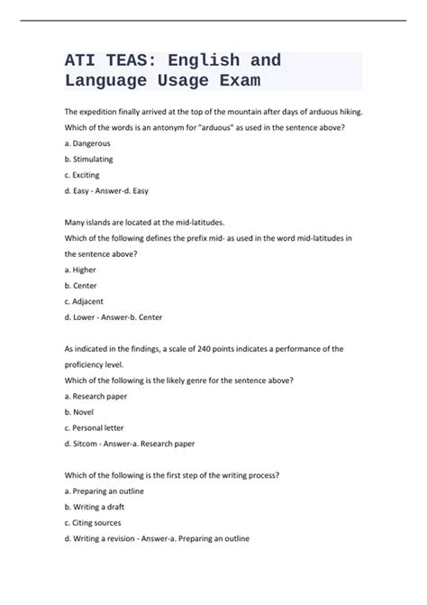 ATI TEAS: English and Language Usage Exam with Correct Answers - ATI ...