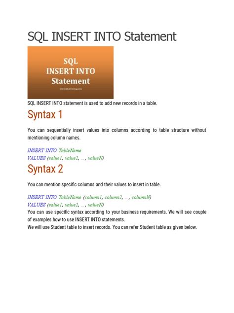 Image result for Insert into SQL Statement Example