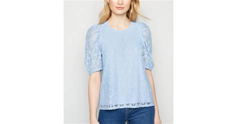 Pale Blue Lace Puff Sleeve T-Shirt | New Look