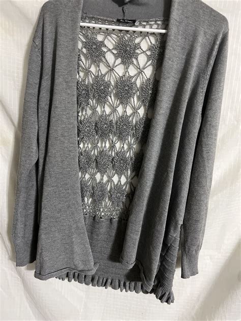 Vila Milano Crochet Back Gray Cardigan Sweater Size L… - Gem