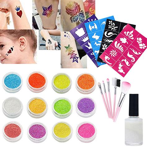 Glitter Tattoo Set Temporary Tattoos Makeup Set (12 Color Bottles of ...