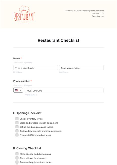 Image result for Restaurant Checklist