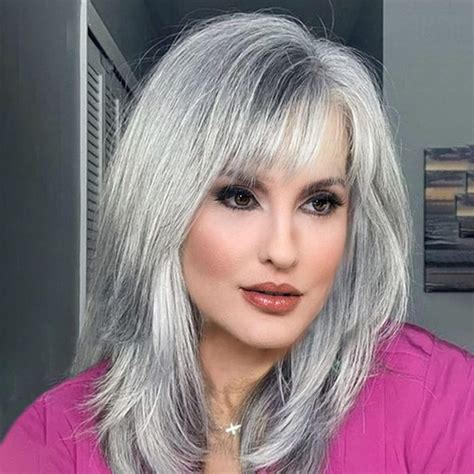Amazon.com : LEOSA Gray Wigs for Women Silver Wig with Curtain Bangs ...