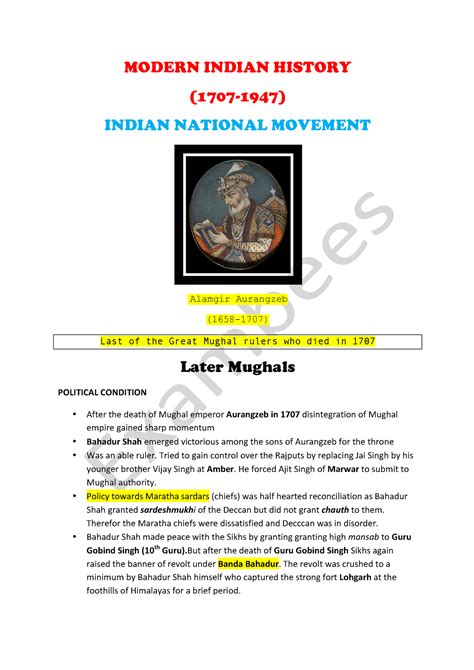 Modern Indian History study mat - MODERN INDIAN HISTORY (1707-1947 ...