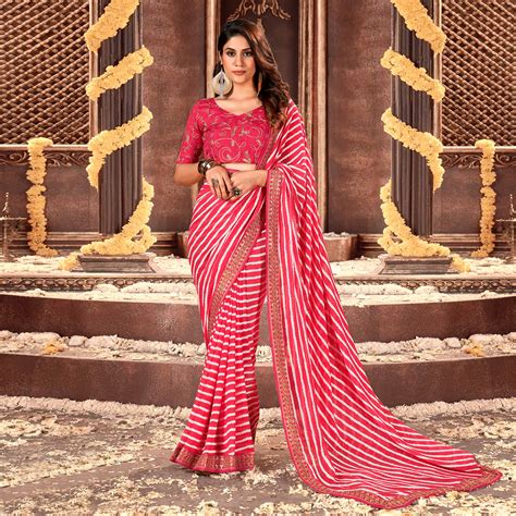 Gajri Pink Striped Printed Georgette Saree