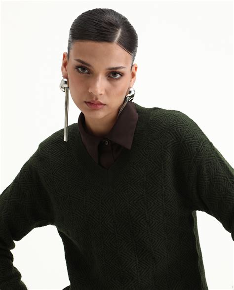 Rareism Women's Vihi Dark Olive Acrylic Blend V-Neck Plain Relaxed Fit