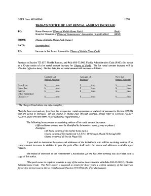 Fillable Online 90 Day Notice of Lot Rental Increase - MyFloridaLicense ...