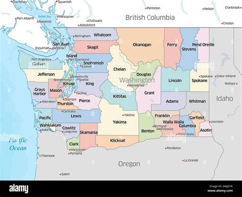 Colorful political map showing the counties that make up the state of Washington, located in the ...