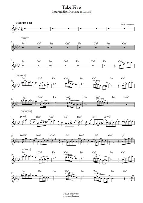 Take Five (Intermediate/Advanced Level, tenor Sax) (Dave Brubeck) - Saxophone Sheet Music