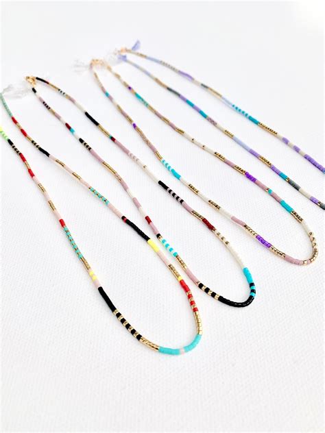 Thin Colorful Seedbead Necklace, Bright Beaded Collar Necklace, Tiny ...