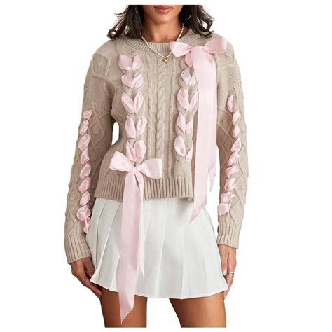 Women Cute Bow Sweater Long Sleeve Bow Front Knitted Pullover Ribbon ...