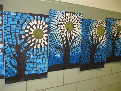 Painted paper mosaics, winter tree silhouettes, grade 3 3rd Grade Art ...