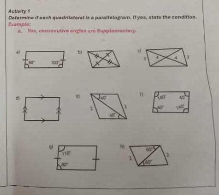 Activity 1Detarmine if each quadrilateral is a parallelogram. If yes ...