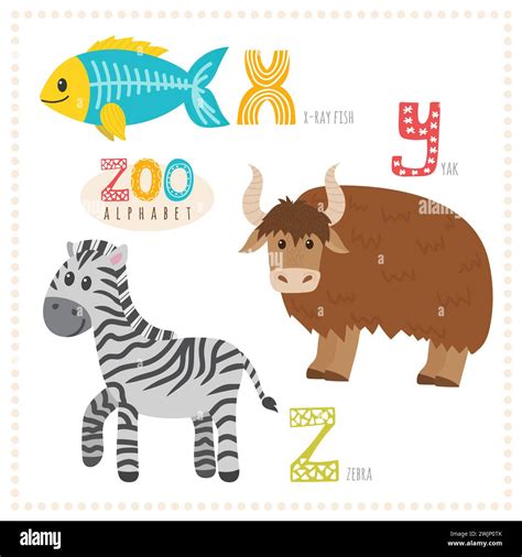 Cute cartoon animals. Zoo alphabet with funny animals. X, y, z letters ...