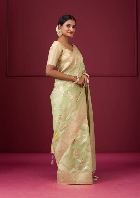 Buy Pista Green Zariwork Tissue Saree - Koskii