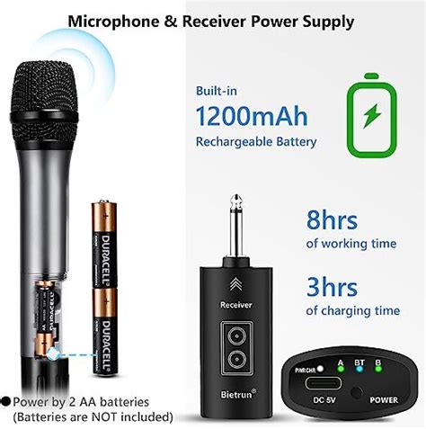 Wireless Microphone with Bluetooth, Professional UHF Dual Handheld Dynamic Metal Mic System Set ...