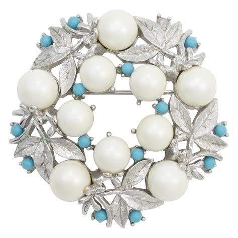 Sarah Coventry Floral Wreath Brooch, Faux Pearls and Blue Beads, Silver ...