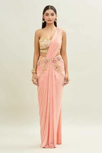 Buy Peach Net, Lycra Embroidery Sweetheart Neck Pre-draped Saree With ...