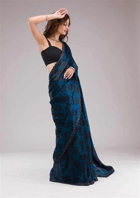 Buy Peacock Blue Printed Organza Saree - Koskii